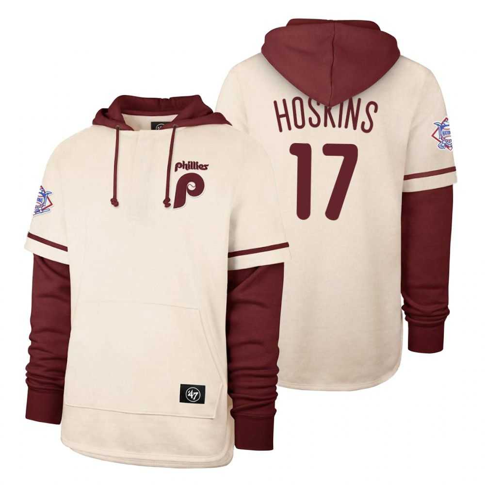 Men Philadelphia Phillies 17 Hoskins Cream 2021 Pullover Hoodie MLB Jersey